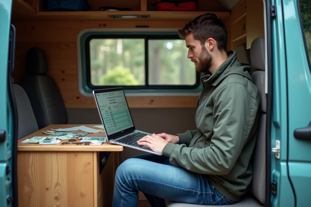 Homme gérant son budget de road trip sur un ordinateur portable à l'intérieur d'un van aménagé garé dans une forêt
