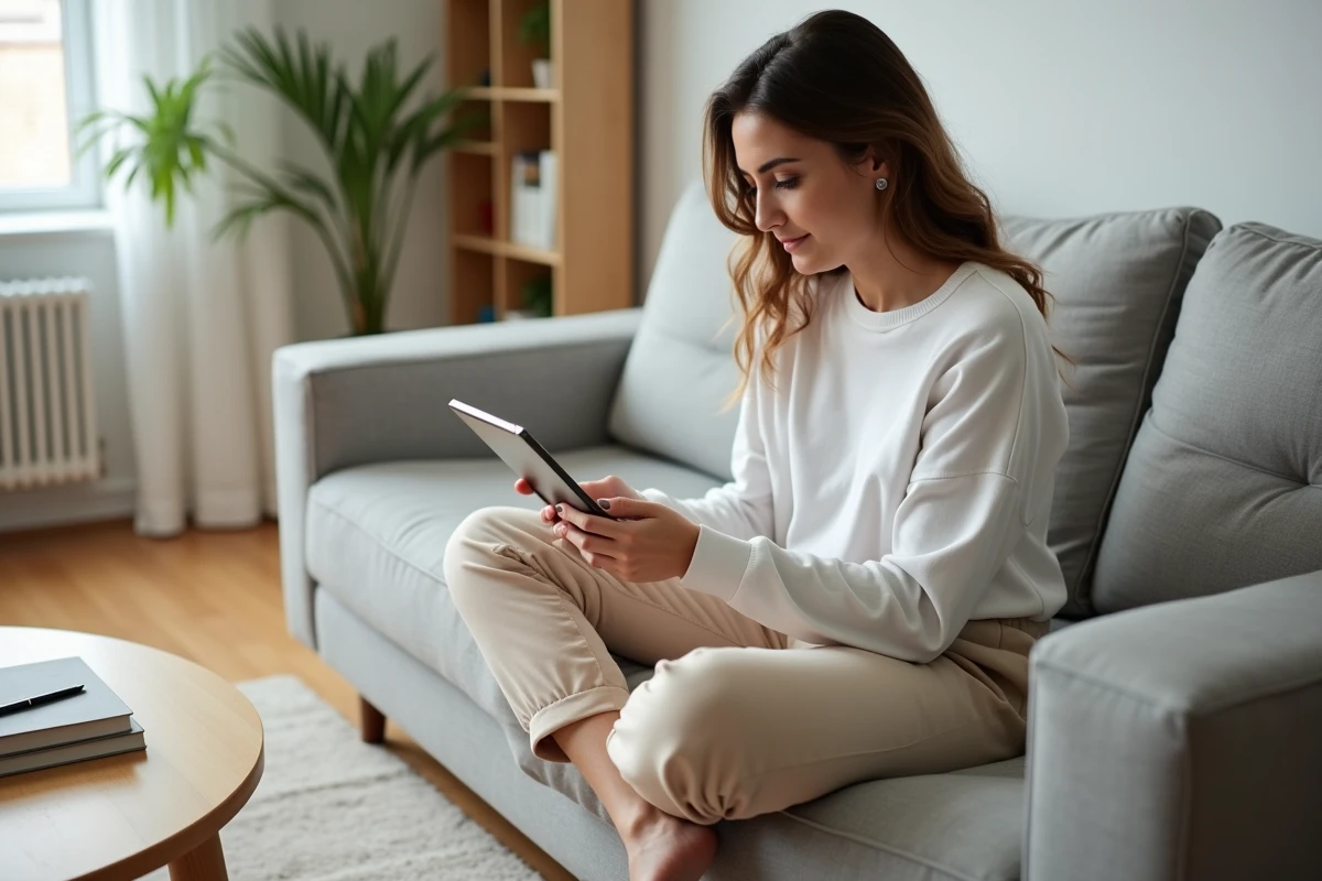 Femme gérant ses tâches quotidiennes sur tablette depuis son salon confortable