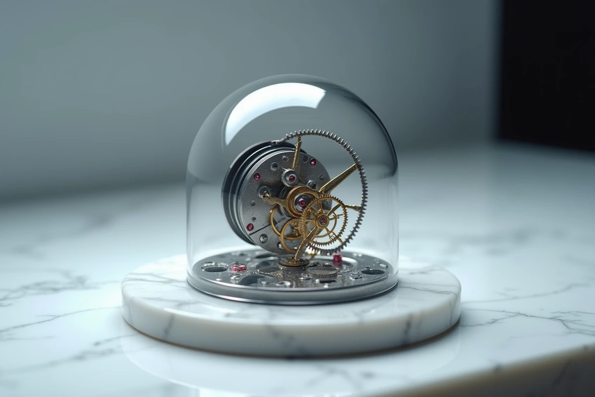 Gros plan extrême d'un mouvement horloger mécanique sous cloche en verre avec rubis et balancier visible