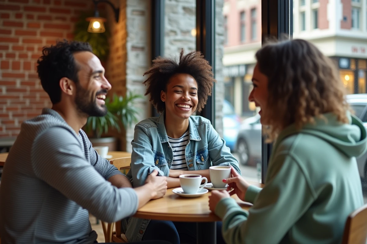 Groupe d'amis souriants dans un café illustrant l'impact positif de la vitamine D sur l'humeur et les interactions sociales