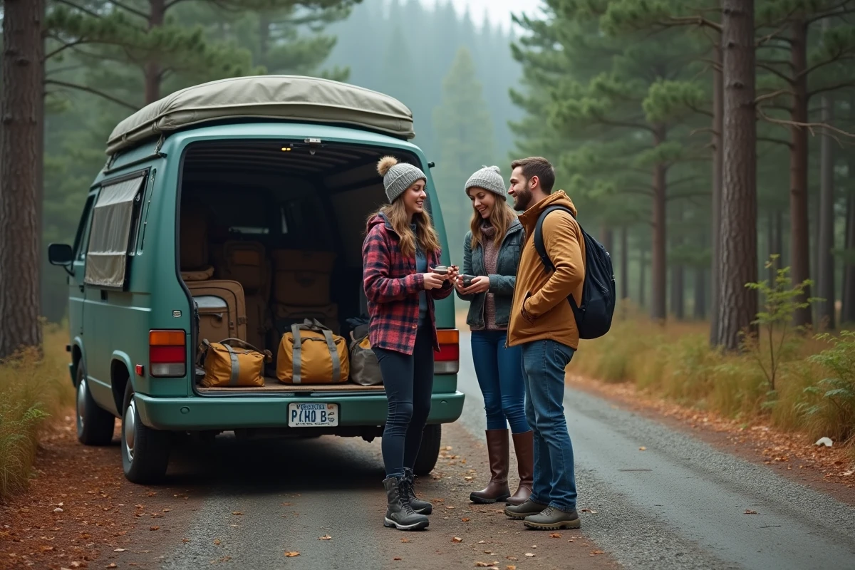 Groupe d'amis chargeant un van de camping au départ d'une aventure en forêt, illustrant la liberté du voyage spontané