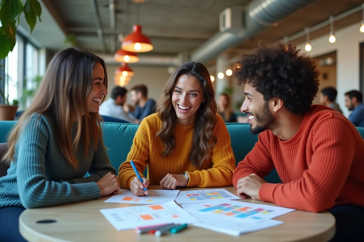 Groupe de jeunes professionnels en discussion motivante autour d'un tableau de suivi d'objectifs dans un espace de coworking