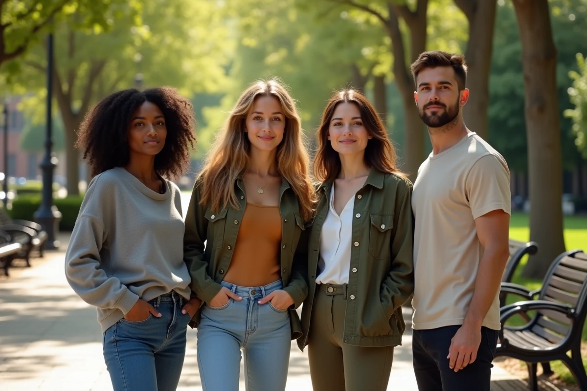 Groupe de quatre jeunes adultes aux carnations contrastées réunies dans un parc urbain, célébrant la beauté et la diversité des couleurs de peau