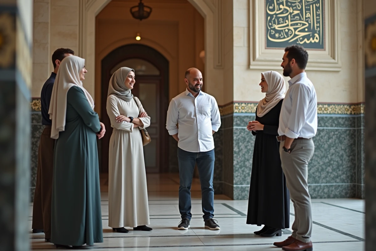 Guide expliquant les règles de savoir-vivre à un groupe de visiteurs à l'intérieur de la mosquée de Ris-Orangis