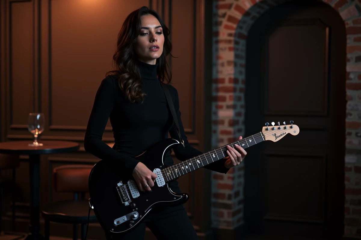Guitariste femme jouant une guitare électrique Atlantic noire dans un club de jazz à l'ambiance feutrée avec décor en bois et briques