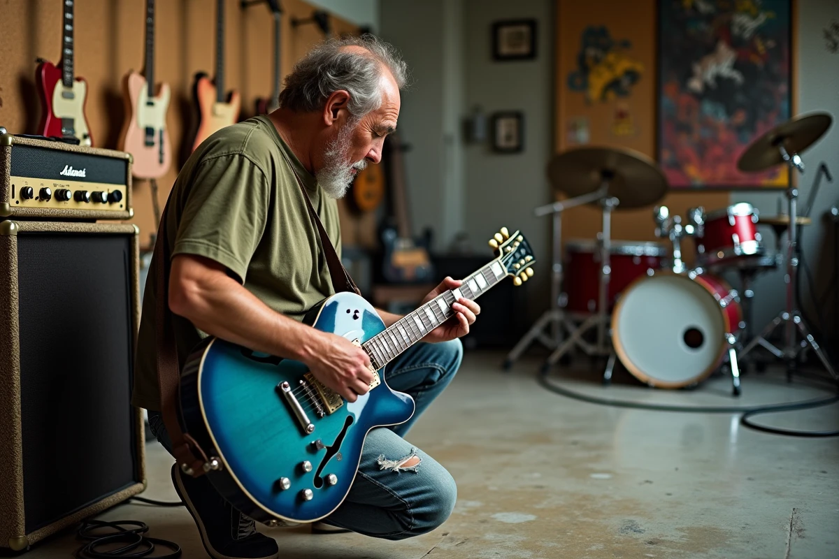Guitariste rock accroupi près d'un amplificateur tweed dans une salle de répétition avec guitare Atlantic bleue et décor industriel