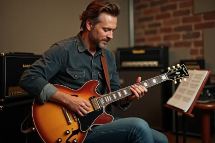 Guitariste jouant une guitare Atlantic semi-creuse à la finition sunburst dans un studio d'enregistrement vintage avec amplis et briques apparentes