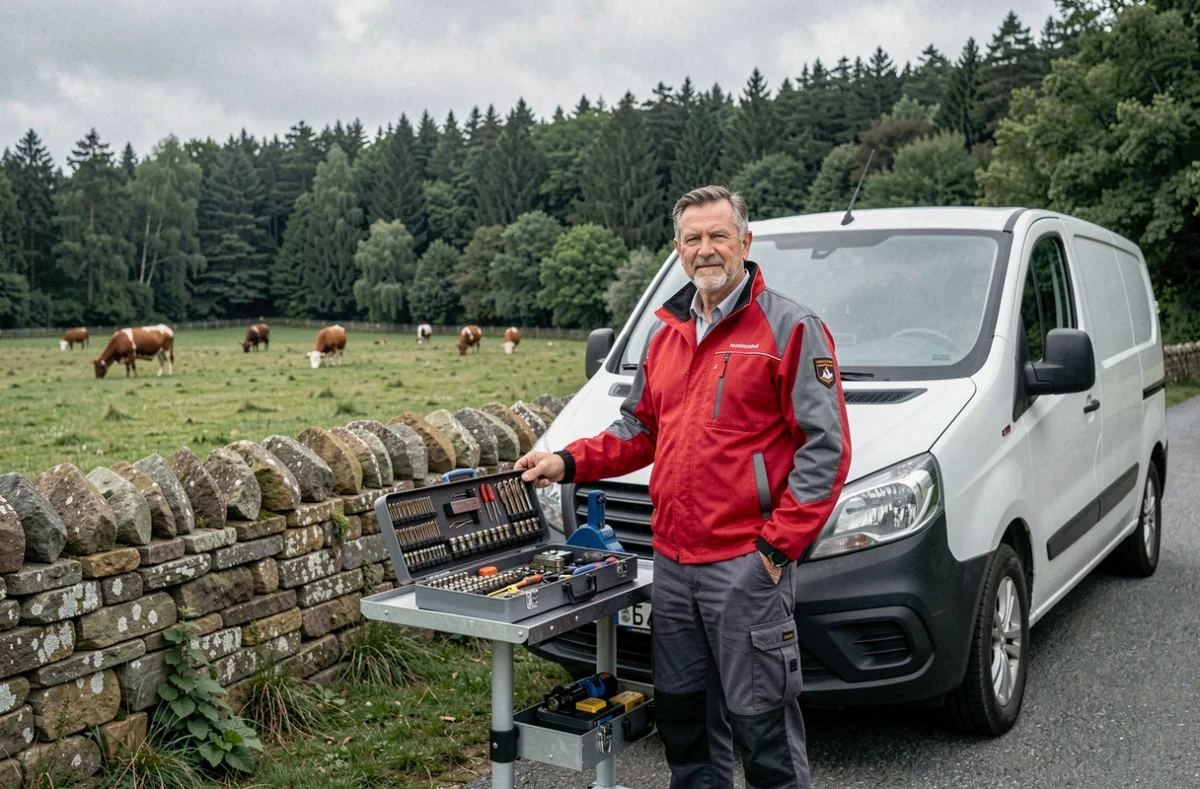 Patrick Hemery, serrurier indépendant en Creuse, organisant ses outils de serrurerie à côté de son véhicule d'intervention sur une route de campagne creusoise