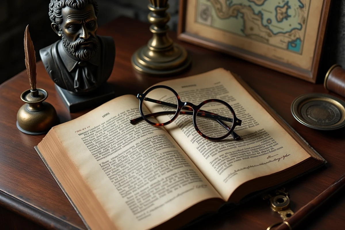 Nature morte philosophique avec manuscrit ancien en latin, buste en bronze d'un penseur antique, plume et lunettes vintage sur un bureau en acajou sombre symbolisant l'héritage moral