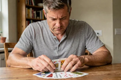Homme adulte étudiant ses cartes de belote à une table en bois chez lui, concentré sur sa stratégie de jeu