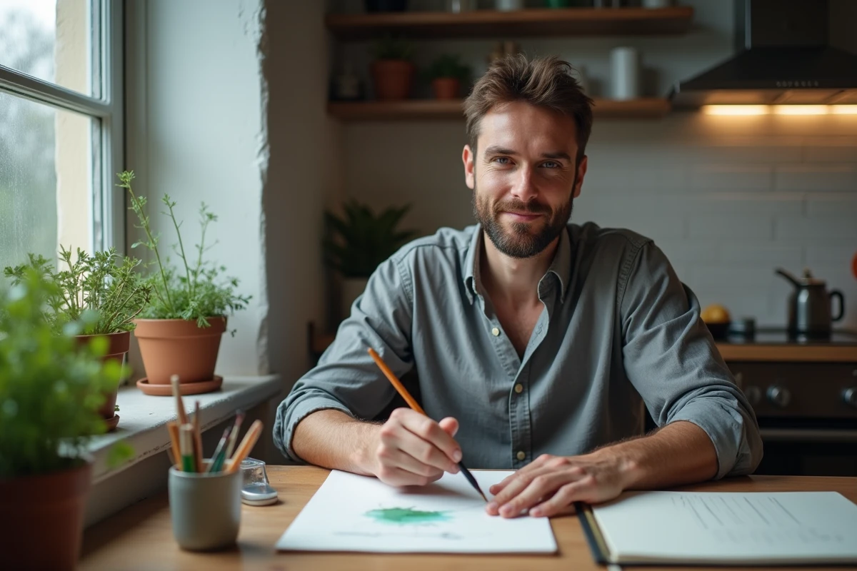 Homme peignant une aquarelle à une table en bois un jour de pluie, activité créative pour améliorer le moral