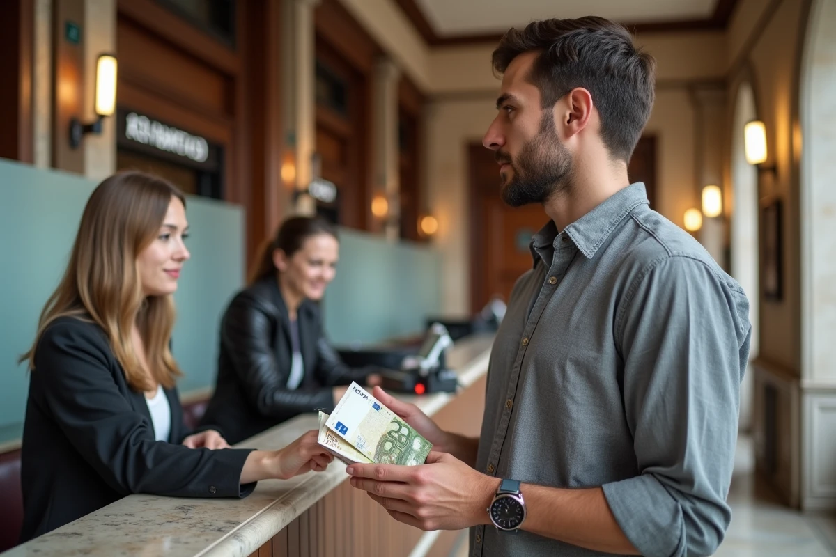 Homme tenant des billets de banque face à un terminal de paiement numérique dans une agence bancaire traditionnelle, illustrant la transition financière vers le sans-cash