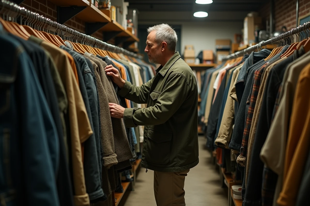 Homme feuilletant des vêtements de seconde main dans une boutique vintage aux murs en briques apparentes