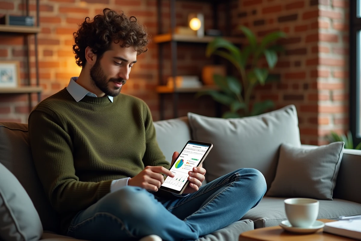 Jeune homme gérant son budget personnel sur une tablette dans son appartement