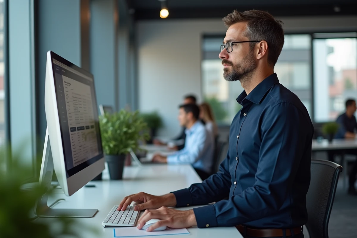 Homme en bureau cherchant un numéro via un annuaire téléphonique inversé en ligne