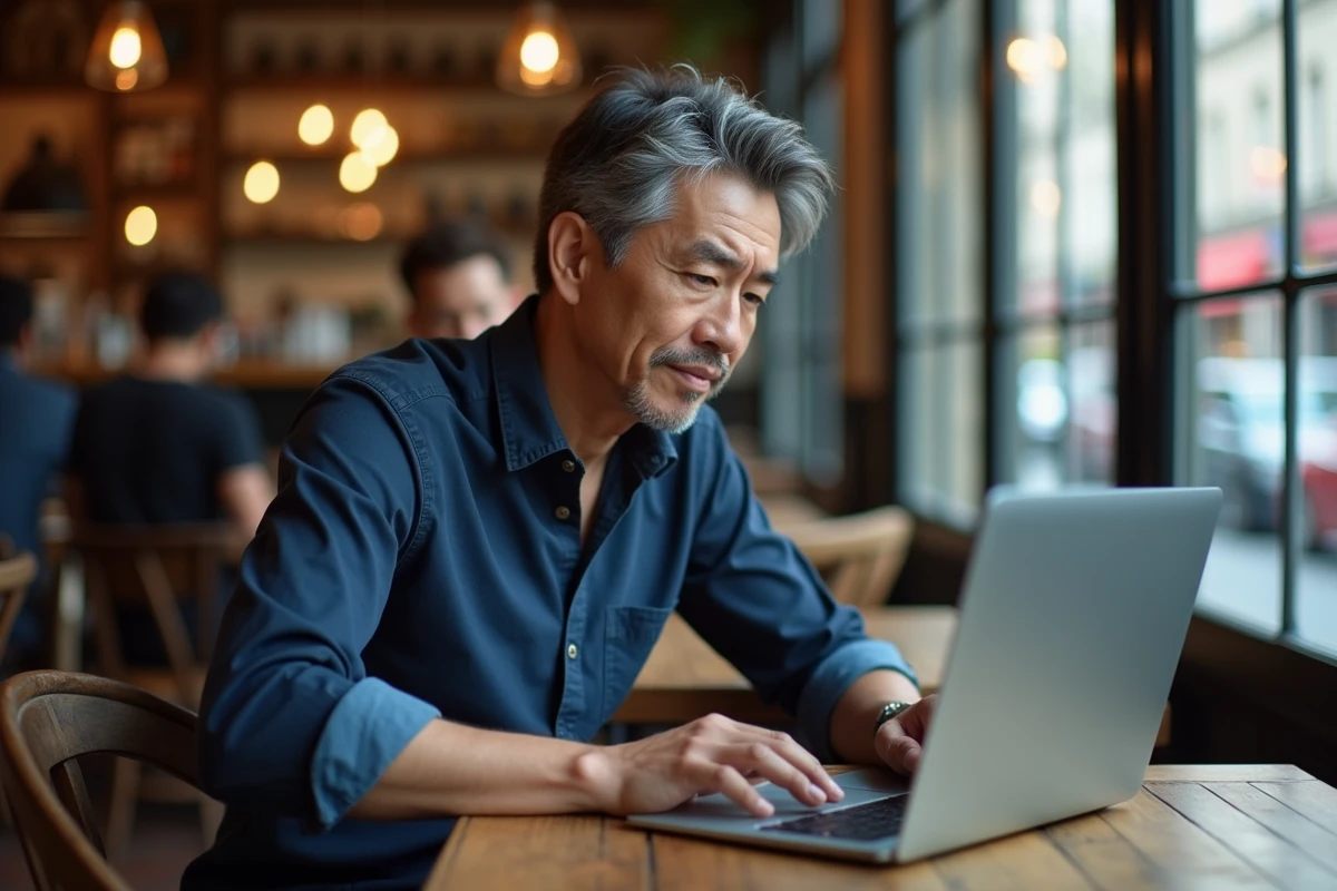 Homme pensif devant un ordinateur portable dans un café parisien, réfléchissant à une règle de grammaire française