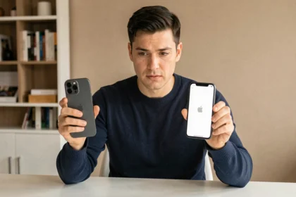 Homme comparant un iPhone 16e et un smartphone Android dans un bureau moderne minimaliste