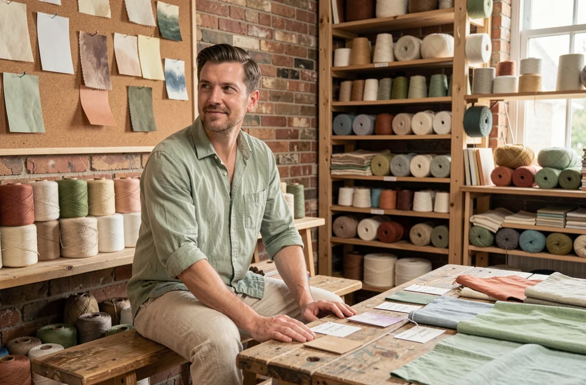 Homme en chemise de coton bio dans un atelier artisanal entouré de fils naturels et d'échantillons de tissus