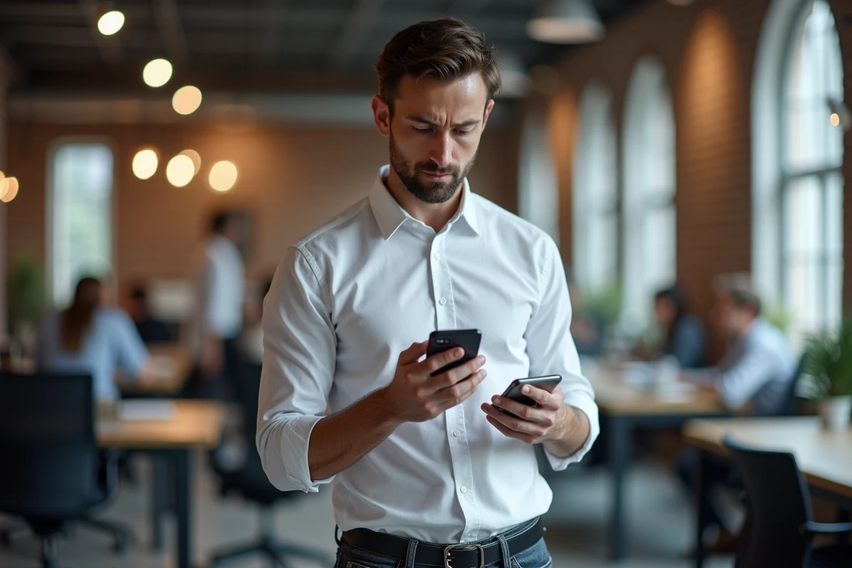 Homme en espace de coworking consultant son smartphone à la recherche d'une alternative à une plateforme en ligne