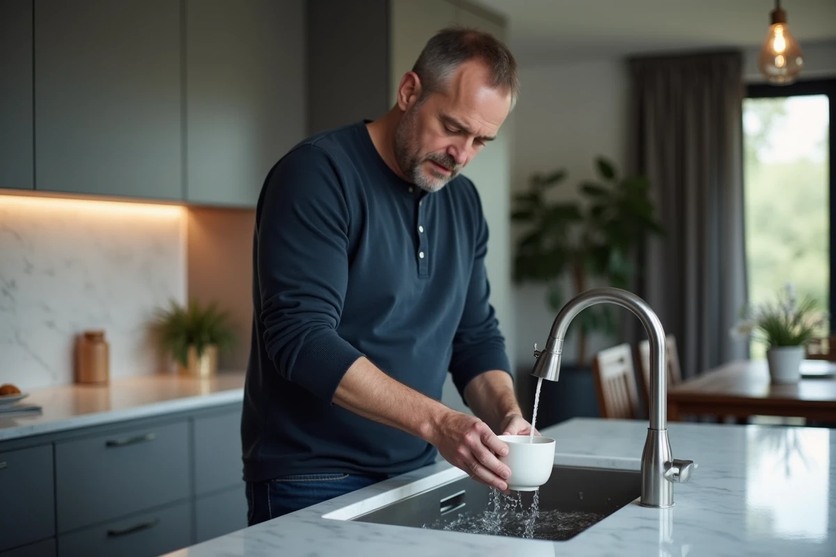 Homme accomplissant immédiatement une petite tâche ménagère dans la cuisine illustrant la règle des 2 minutes