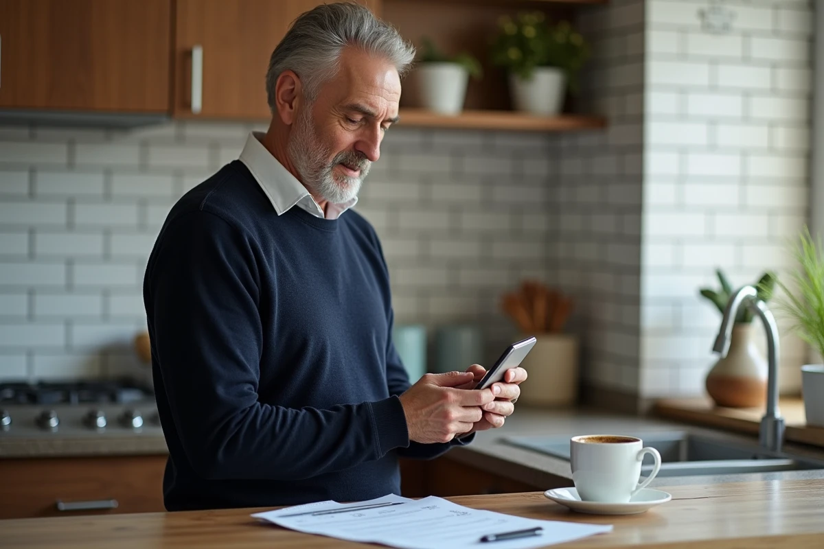 Homme effectuant un décaissement via une application bancaire sur smartphone depuis son domicile