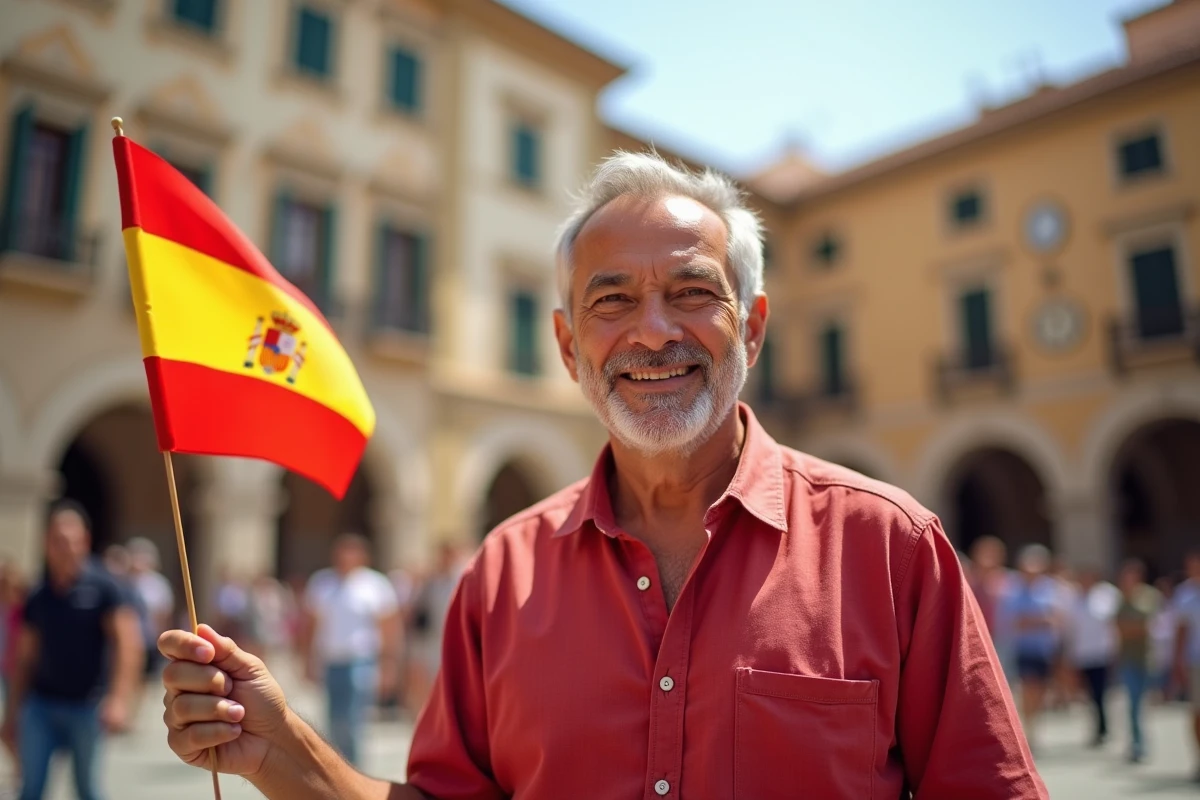 Homme tenant un petit drapeau espagnol lors d'une fête culturelle en Espagne, avec les couleurs rouge et jaune caractéristiques
