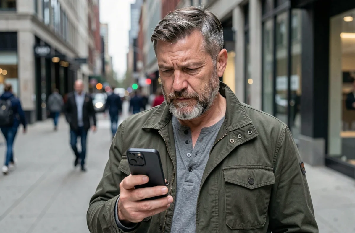 Homme d'âge mûr examinant un iPhone 16e dans une rue urbaine animée avec regard critique