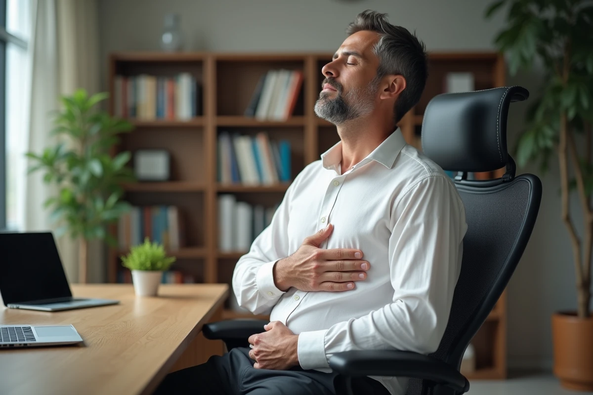 Homme en costume décontracté pratiquant des exercices de correction respiratoire dans un bureau moderne