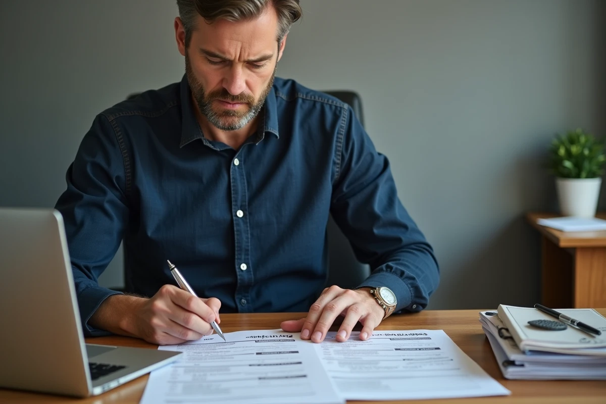 Homme remplissant un formulaire d'indemnisation de covoiturage à son bureau à domicile avec des documents administratifs