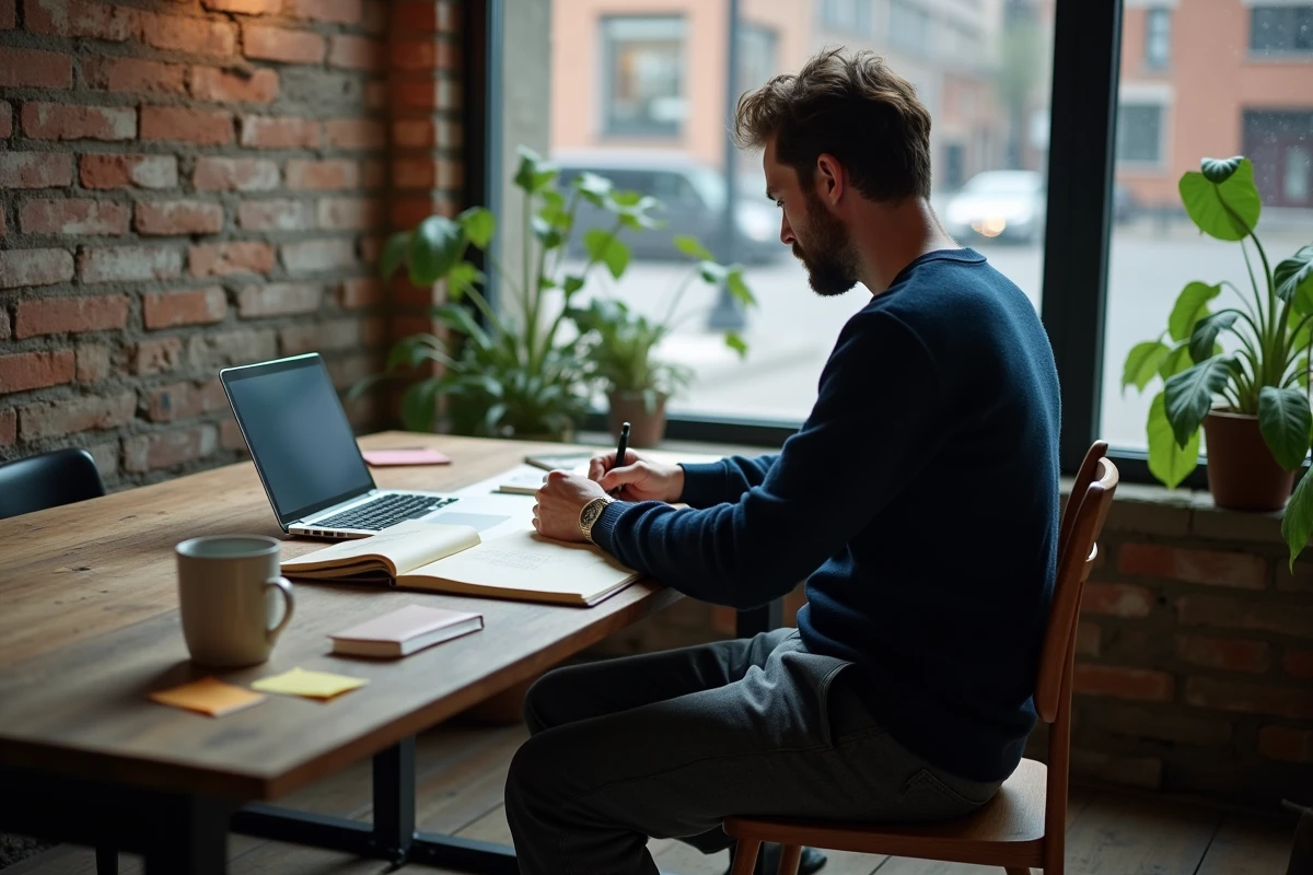 Homme concentré écrivant dans un journal personnel entouré de notes, symbolisant la réflexion et les piliers internes de la motivation
