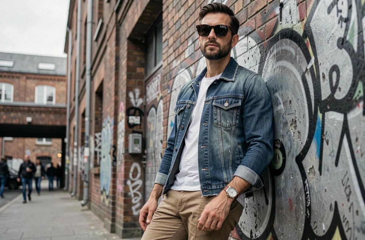 Homme en veste en jean portant des lunettes de soleil vintage écaille et une montre mécanique rétro devant un mur de graffitis urbain