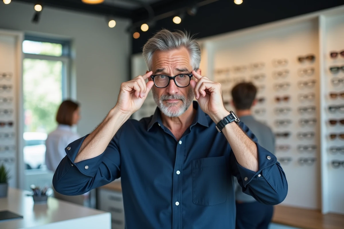 Homme dans un magasin d'optique tenant ses nouvelles lunettes avec une expression d'inconfort et d'interrogation