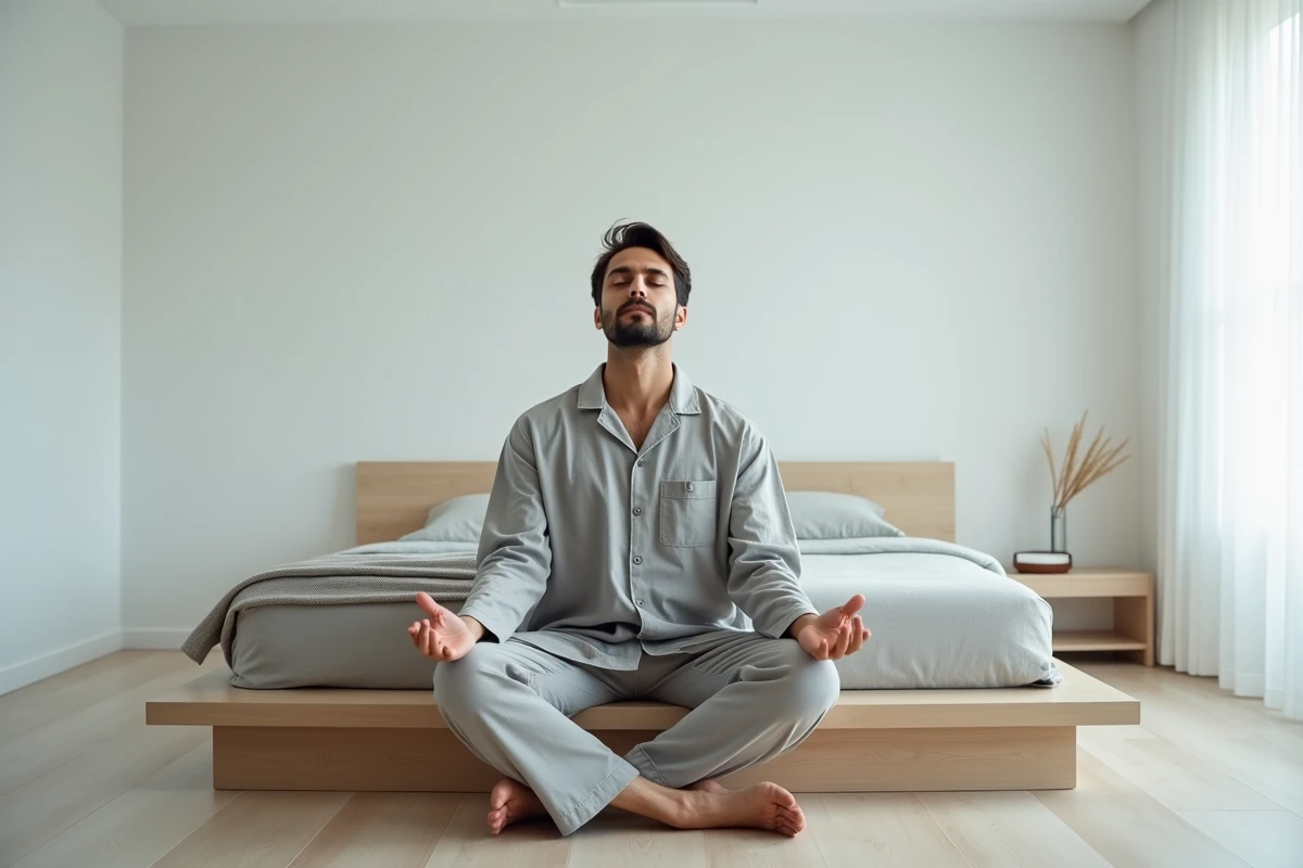Homme en position de méditation sur le bord d'un lit minimaliste avant de dormir, rituel de relaxation nocturne