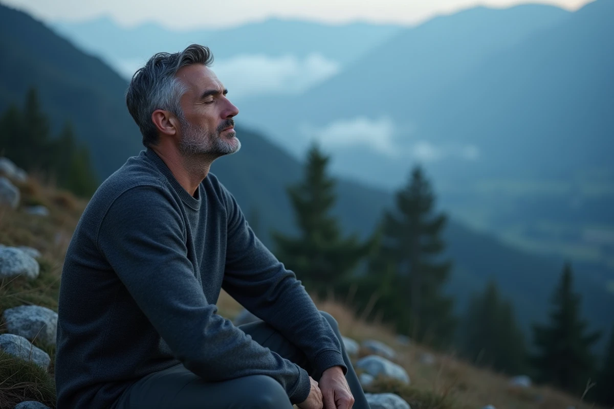 Homme assis sur un rocher en pleine nature les yeux fermés, symbolisant la quête spirituelle et l'expérience des flashs lumineux
