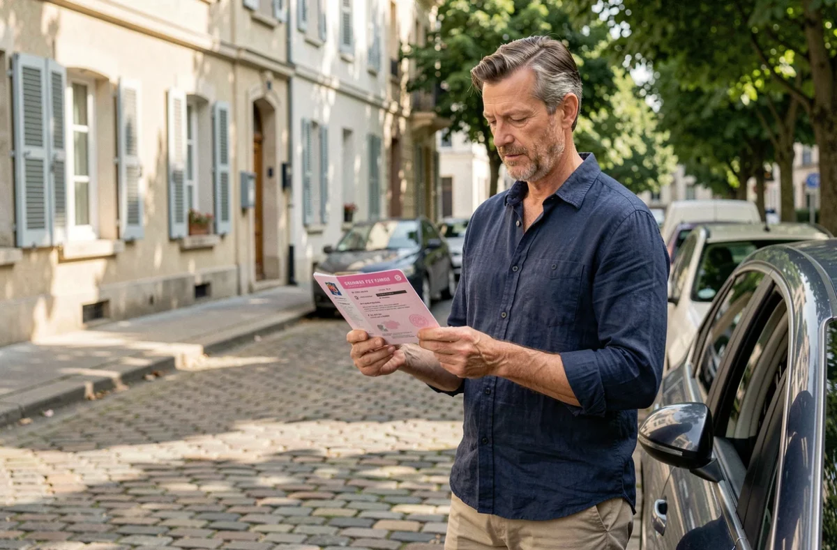 Homme tenant son permis de conduire français devant sa voiture en été, nouvelle réforme du permis