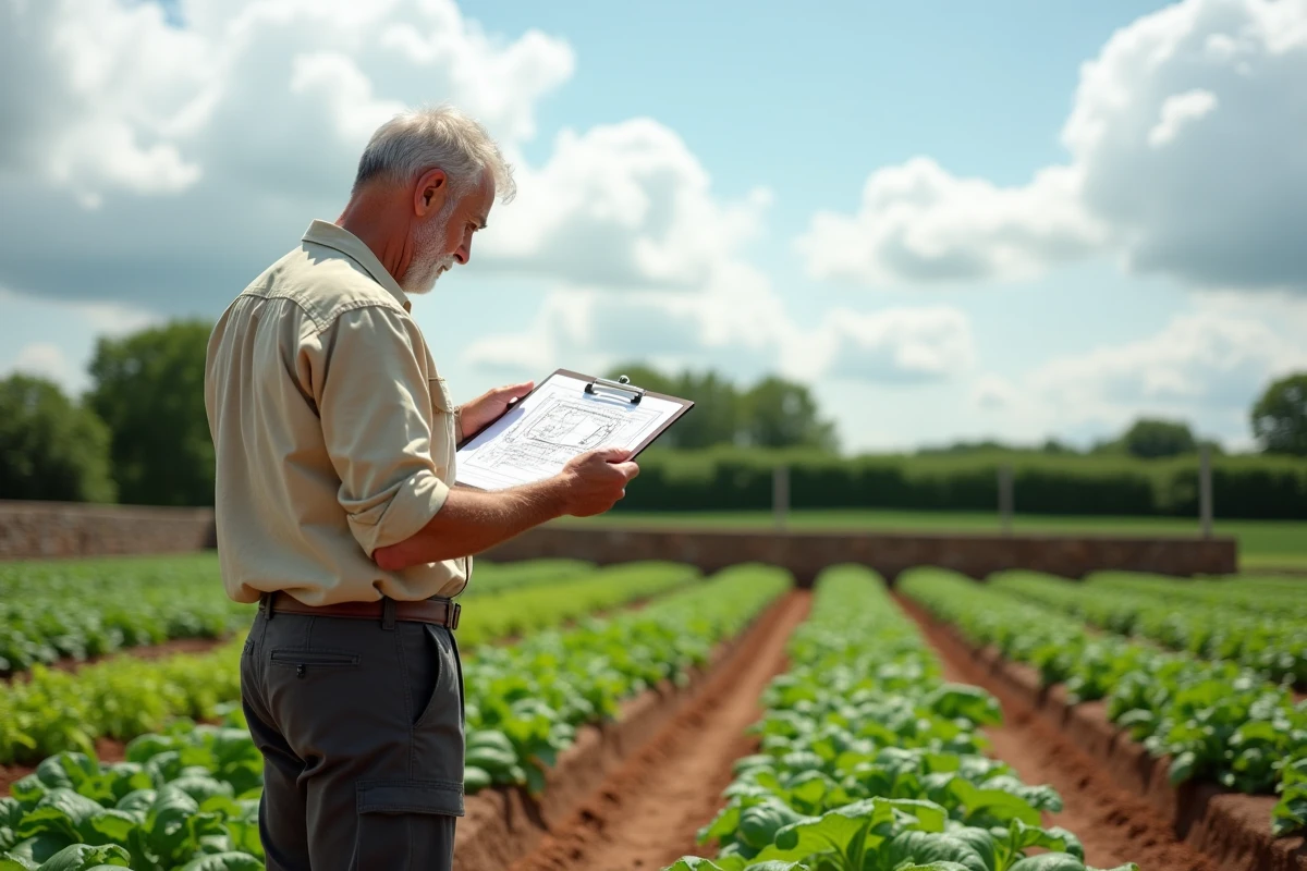Homme planifiant l'emplacement d'un potager en plein air avec un plan de jardin