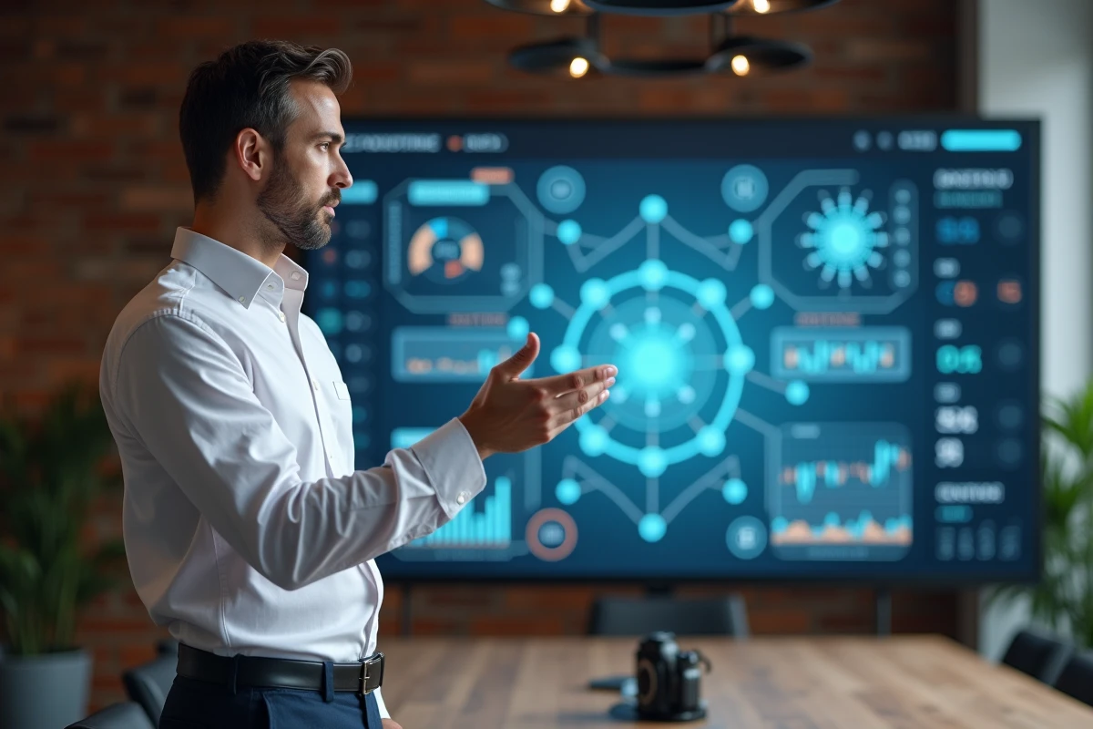 Homme présentant un tableau de bord fintech interactif dans une salle de réunion de startup