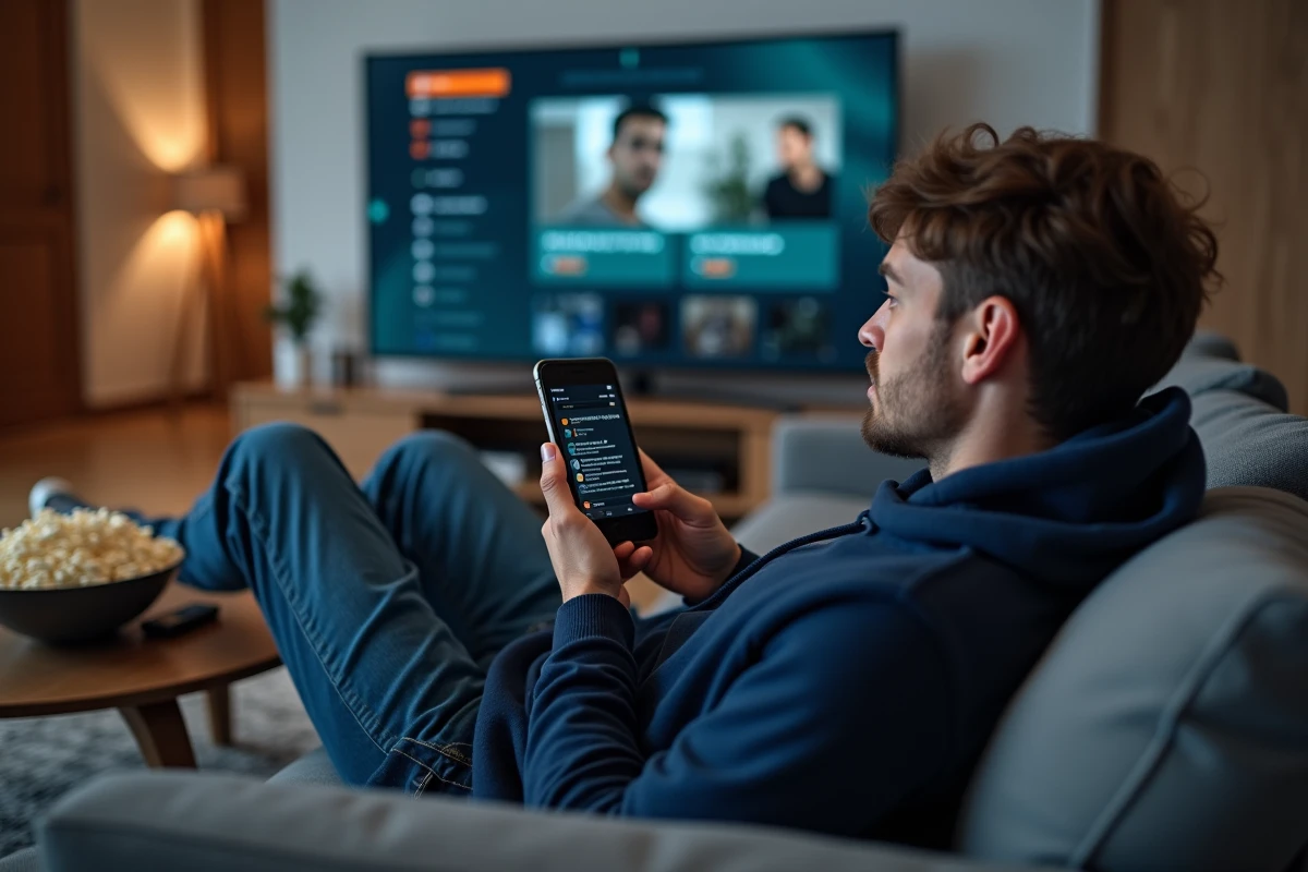 Homme cherchant un lien de site de films sur son smartphone dans son salon