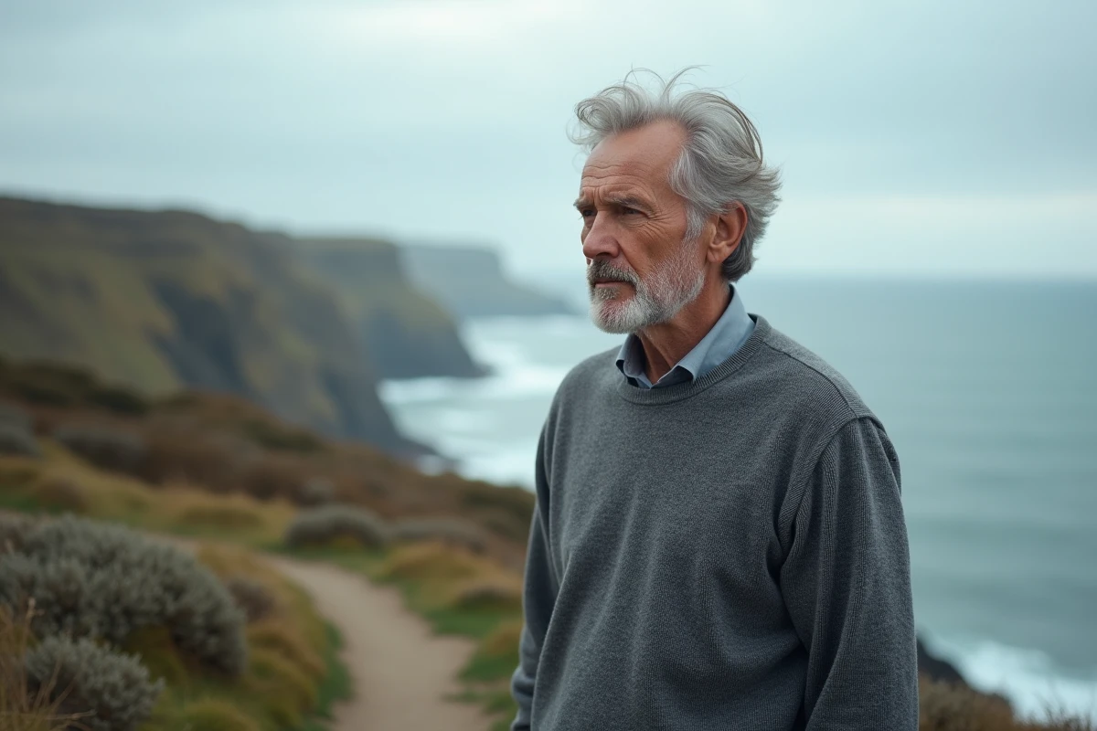 Homme mature debout sur un sentier côtier rocheux, expression sereine face à l'horizon, incarnant la persévérance et la résilience
