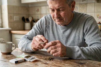 Homme roulant une cigarette avec du tabac à rouler sur une table de cuisine modeste