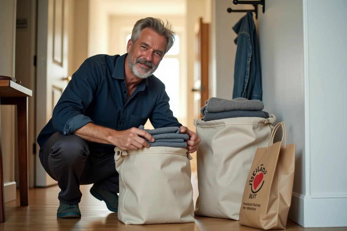 Homme rangeant des vêtements dans des sacs de don dans un couloir d'appartement