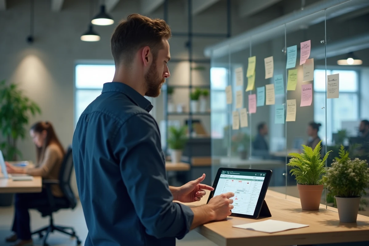 Homme debout utilisant une tablette avec un outil de calcul entre deux dates dans un bureau moderne en open space