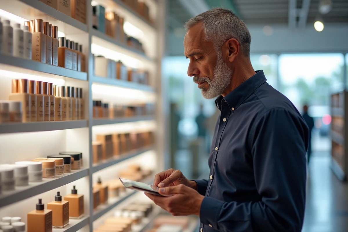 Homme à la peau brune chaude examinant des produits de beauté adaptés aux différentes carnations dans un magasin de cosmétiques moderne