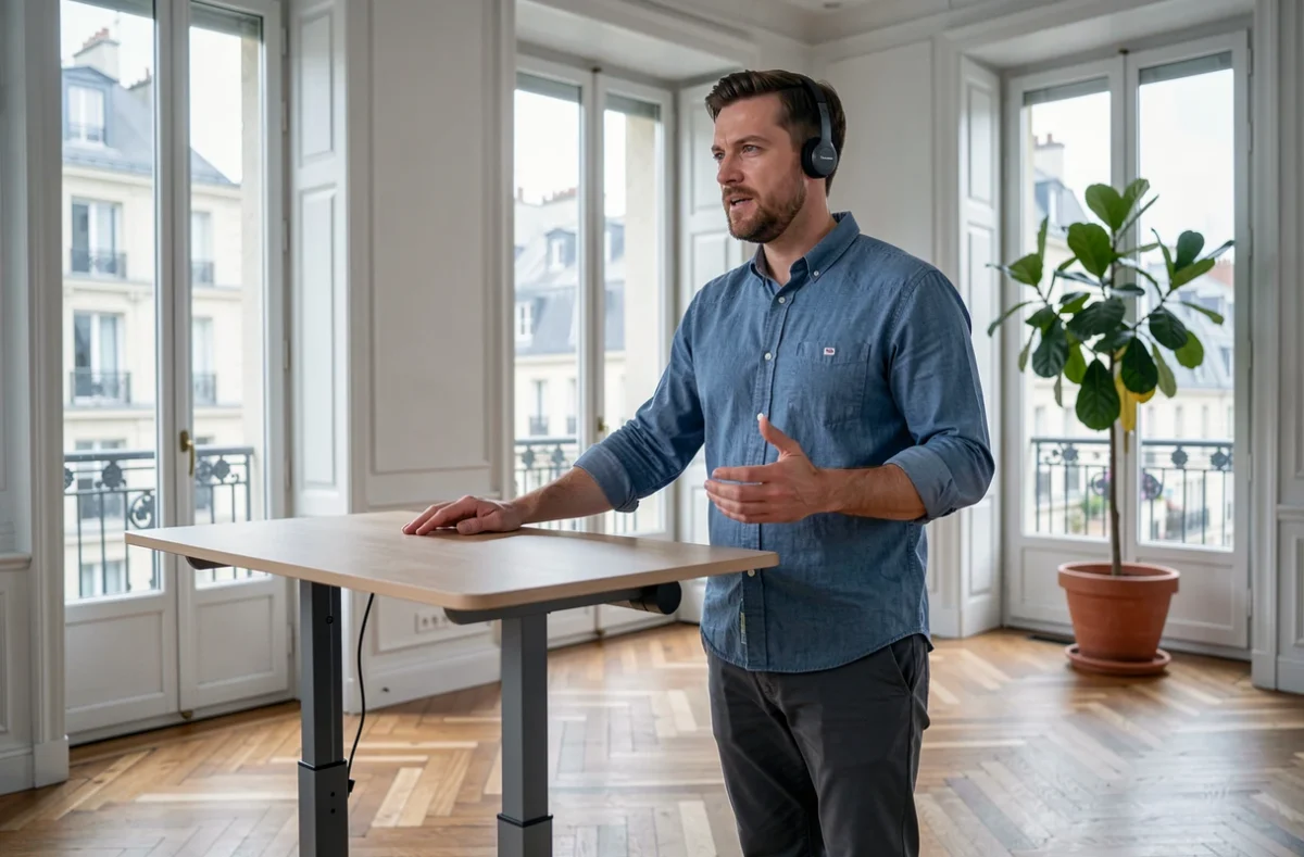 Homme en télétravail debout à son bureau réglable en hauteur lors d'une réunion en visioconférence dans un appartement parisien