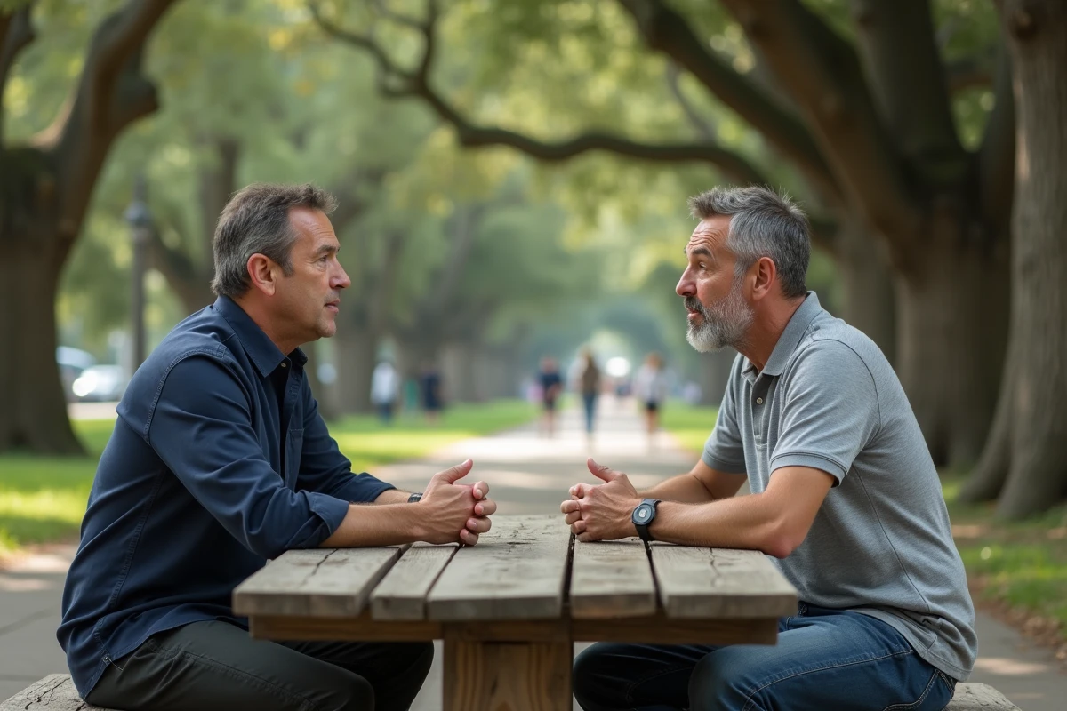 Deux hommes en conversation sérieuse et détendue assis dans un parc en plein air