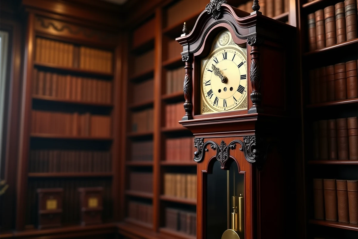 Horloge grand-père antique en acajou sculpté avec pendule en laiton visible dans un salon victorien