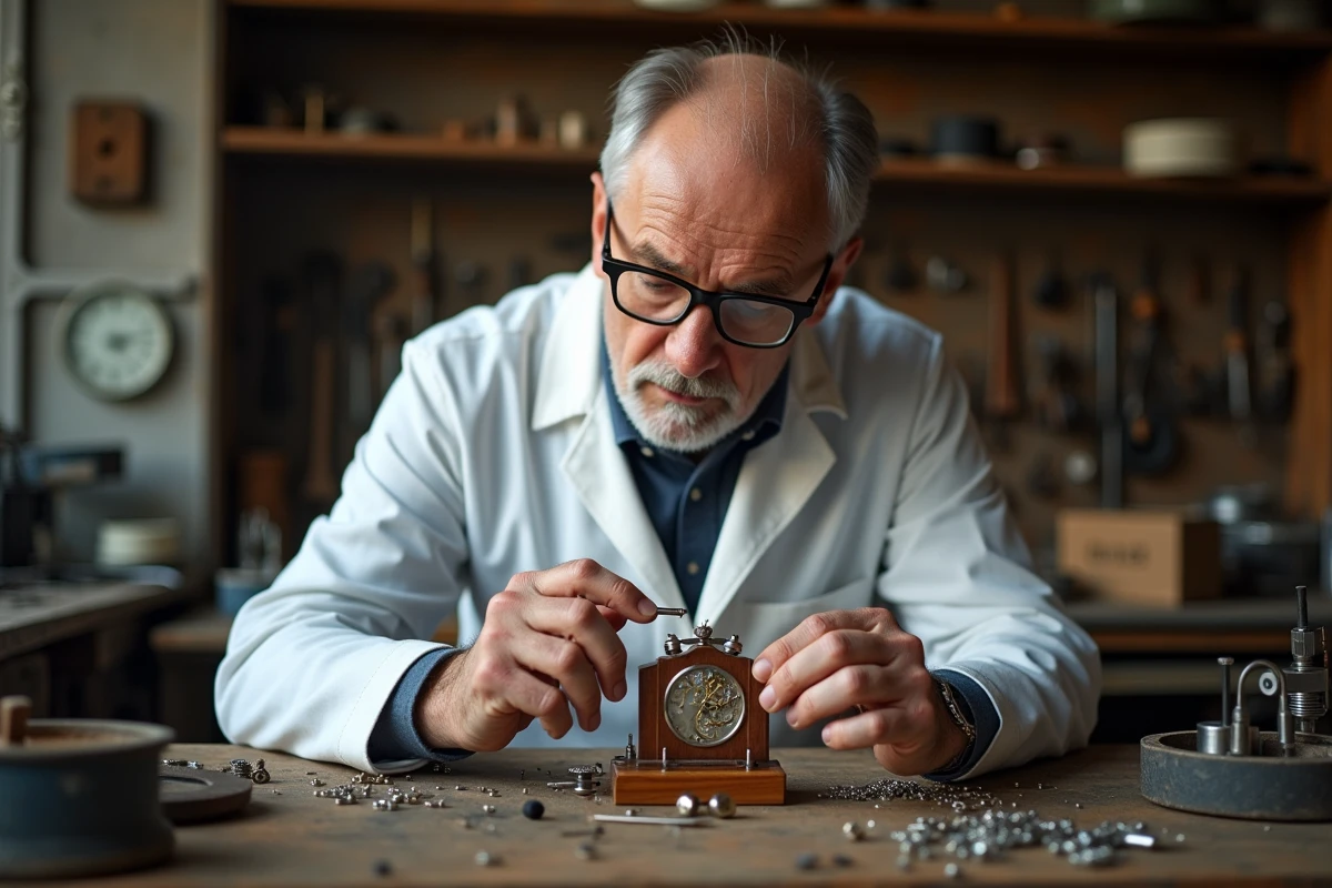 Horloger professionnel réparant un mécanisme de montre mécanique avec une loupe dans son atelier