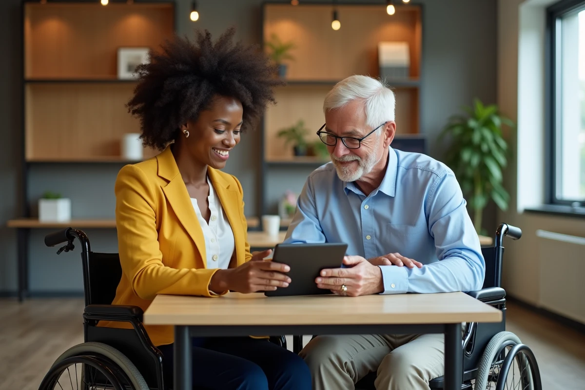 Collègues de travail de générations et capacités différentes collaborant dans un espace de coworking accessible, symbolisant l'inclusion et le handicap en entreprise