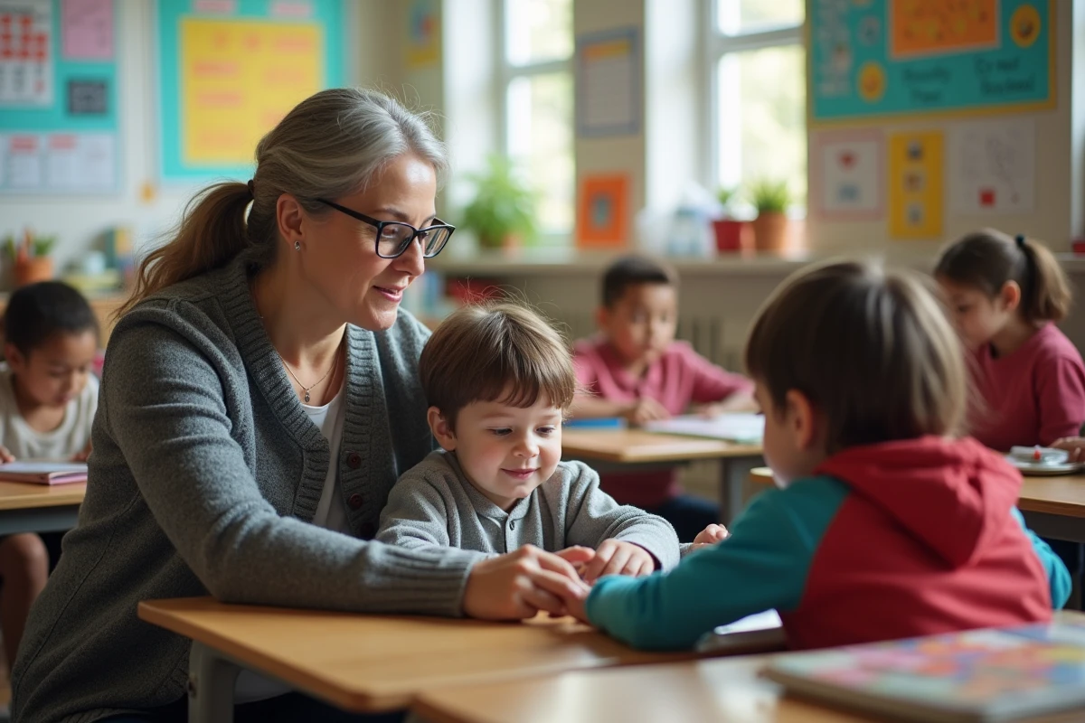 Enseignante accompagnant un élève en situation de handicap dans une salle de classe inclusive avec outils de communication adaptés