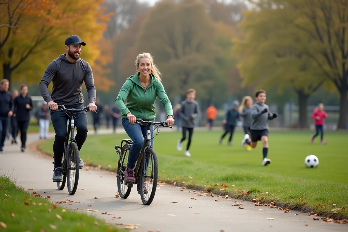 Adultes de diverses capacités pratiquant des sports adaptés et inclusifs dans un parc urbain accessible lors d'un événement communautaire